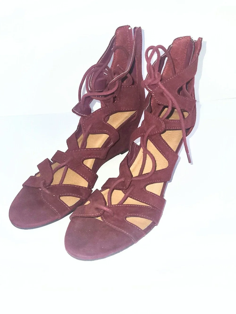 Charlotte Russe Burgundy Vegan Suede Lace Up Open Wedge Heel Size 9